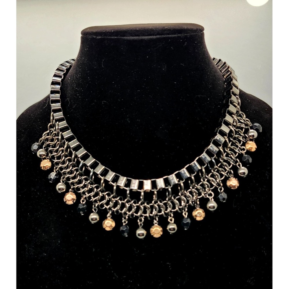 Vintage Avon Gunmetal Box Chain Bib Necklace With Black Faceted Beads Marked NWT